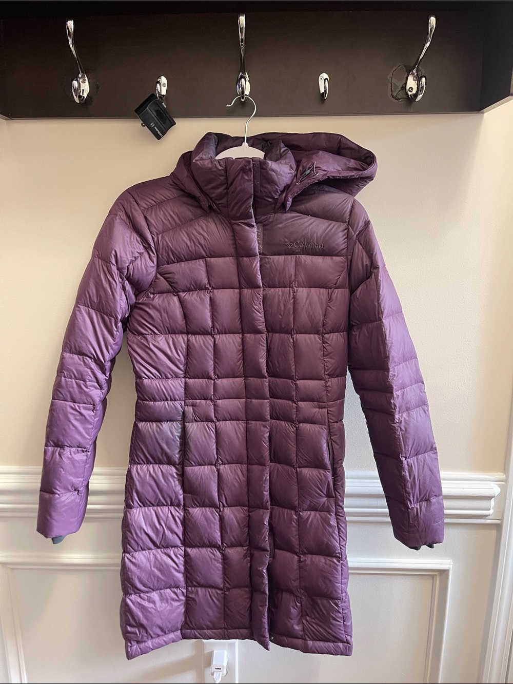 Columbia Long Hooded Puffer Coat in Purple